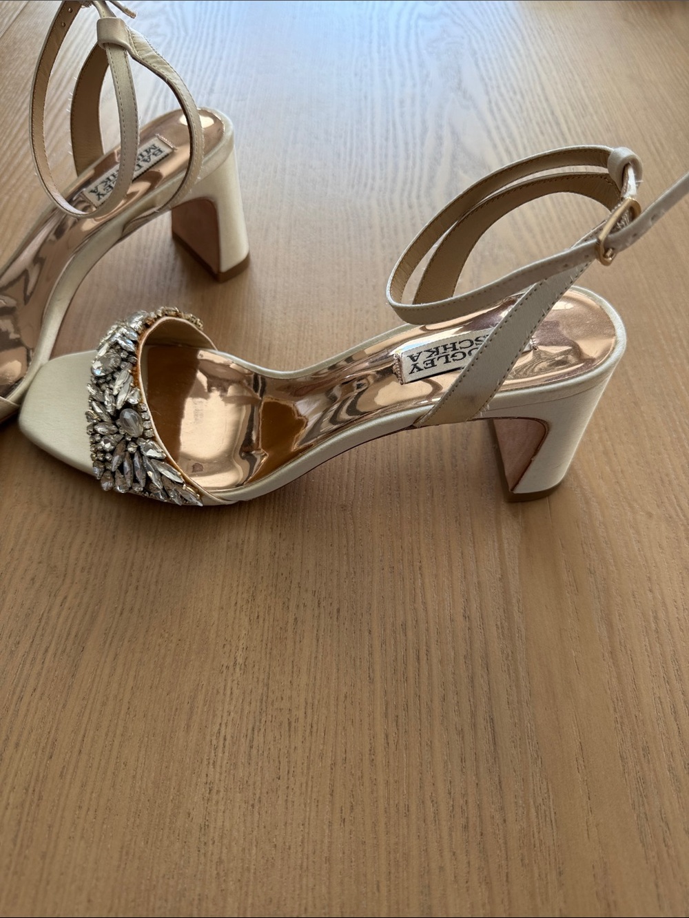 Badgley Mischka Champagne Satin Crystal-Embellished Ankle-Strap Heels - Picture 2 of 6